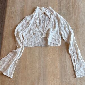 Free People Cream Textured Cropped Wrap Blouse